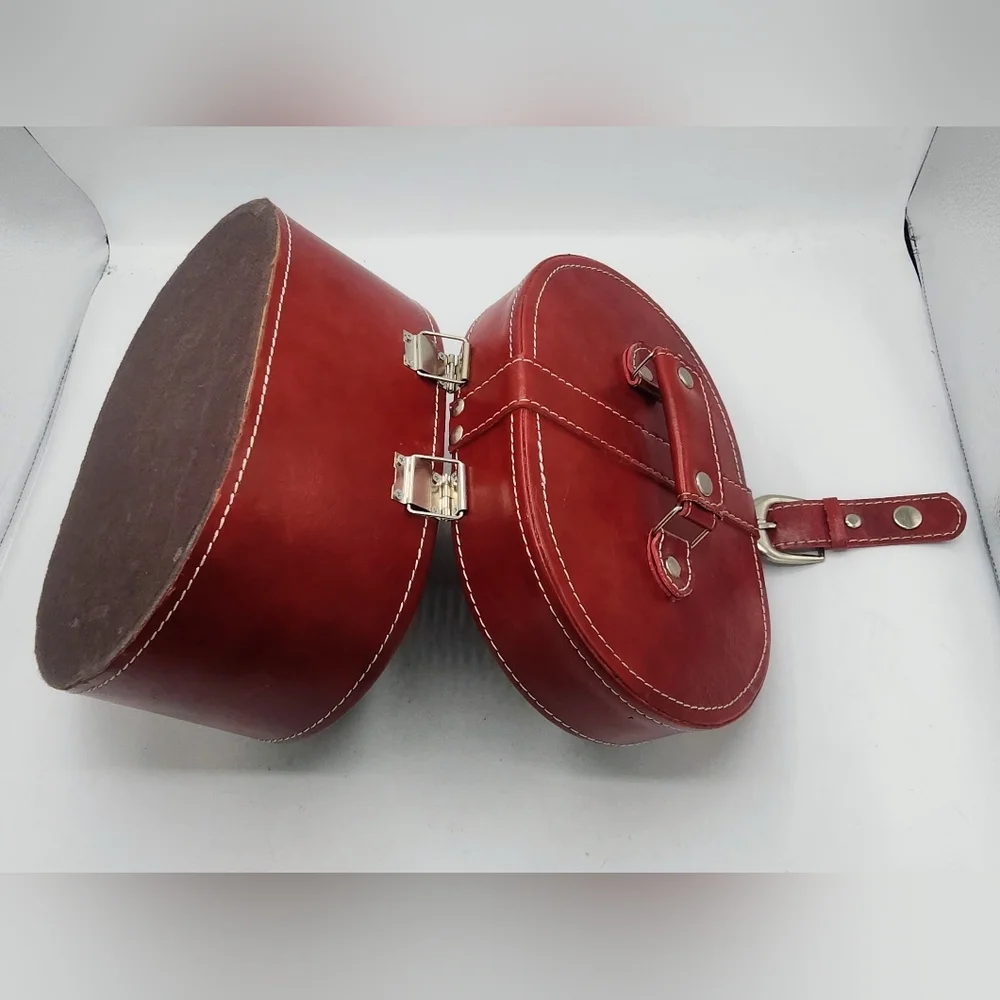 Vintage Style Faux Leather Burgundy Oval Storage Case Contrast White Stitching